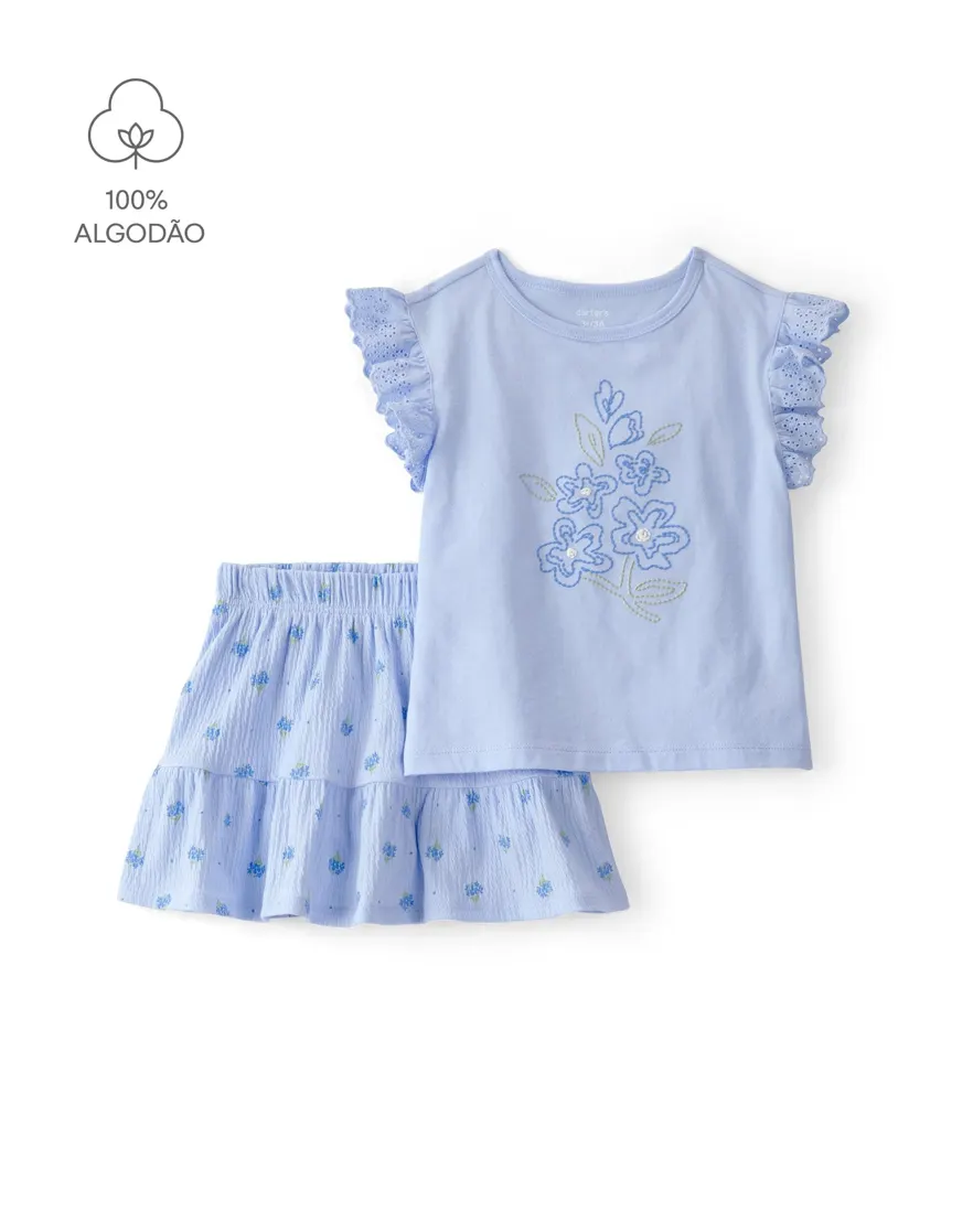 Conjunto curto infantil 2 peças bordado floral - Azul