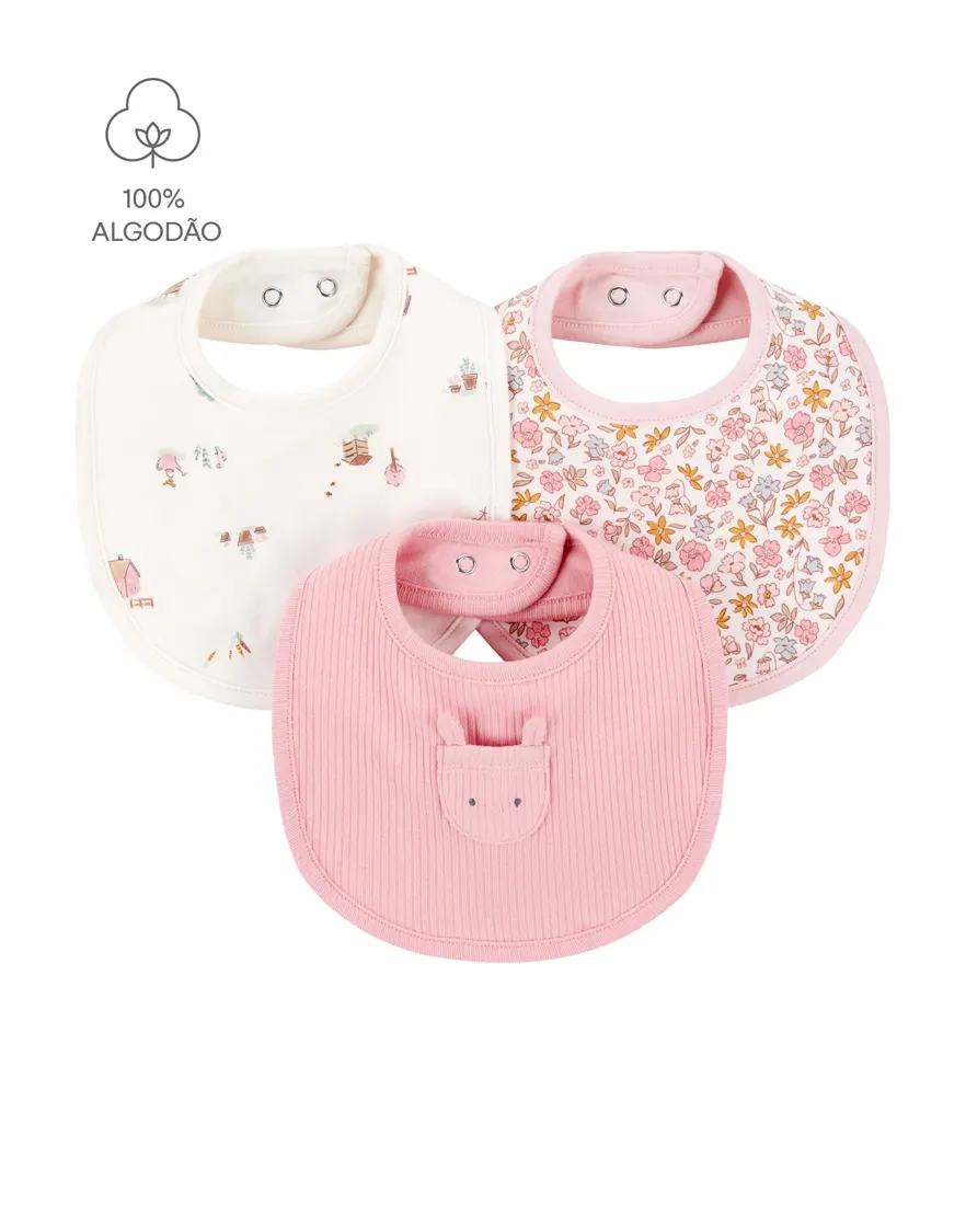Kit babador bebê menina em algodão 3 peças - Multicor