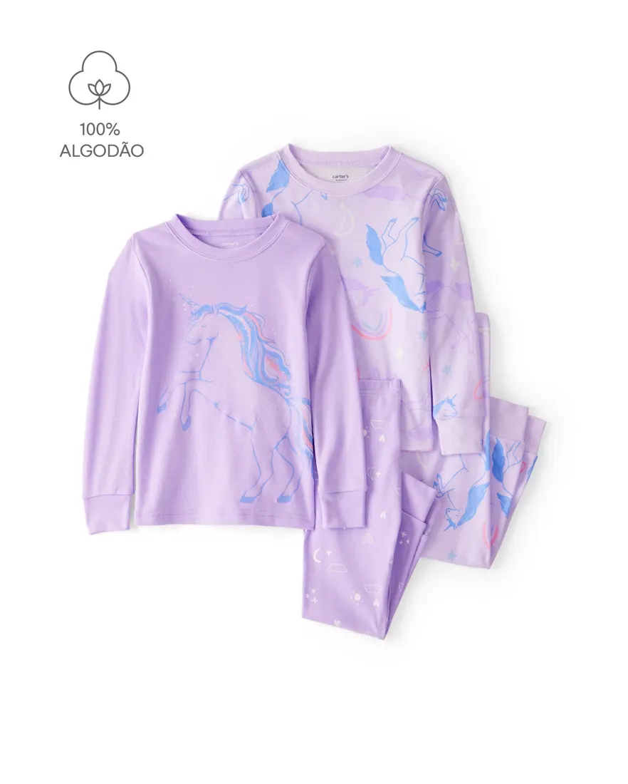 Pijama longo bebê 4 peças unicórnios - lilás