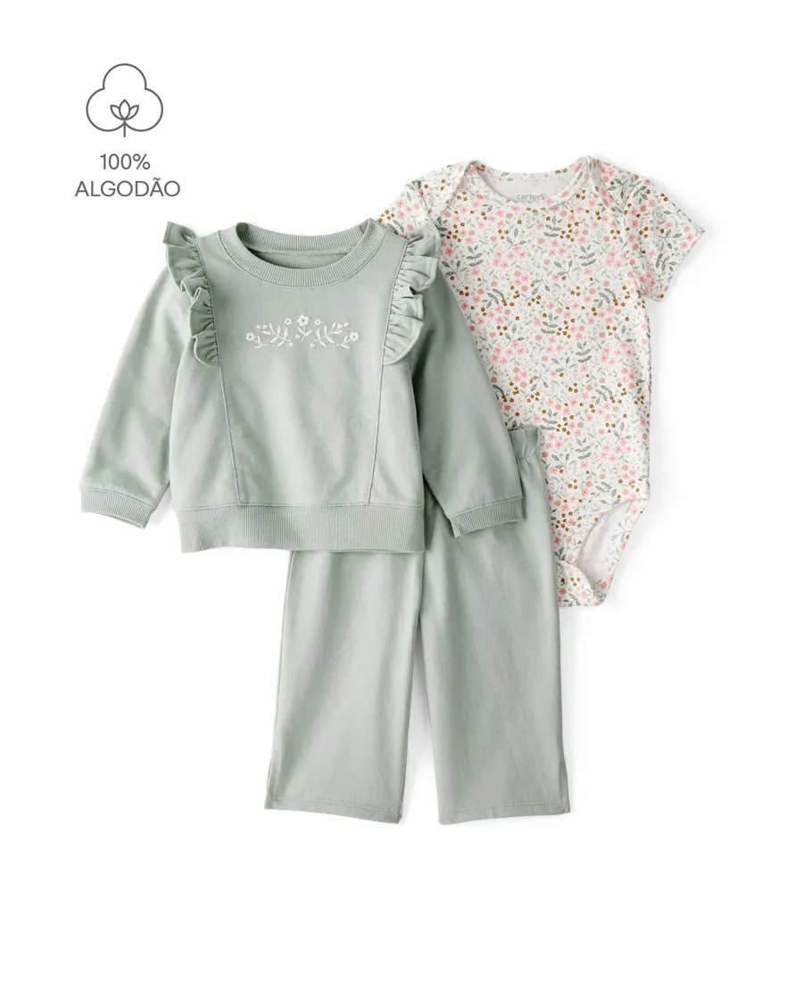 Conjunto longo bebê 3 peças floral - multicor