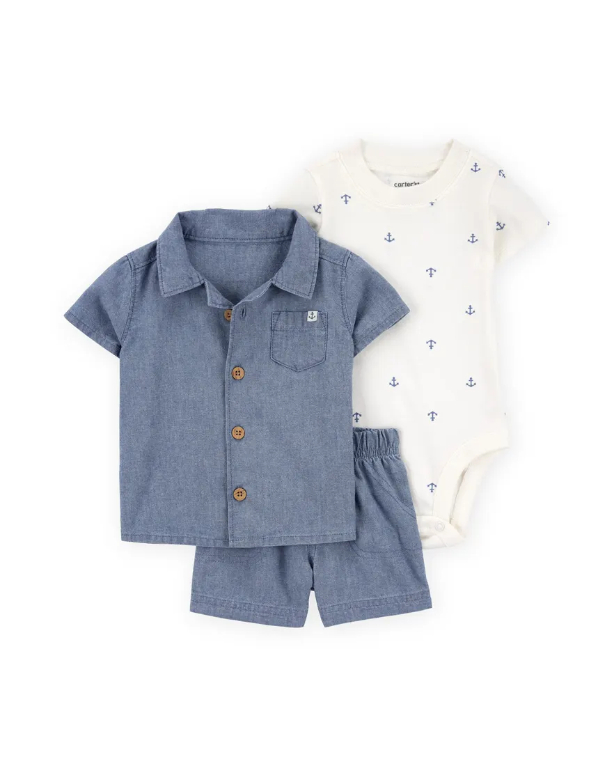 Conjunto curto bebê 3 peças com bolso âncoras multicor