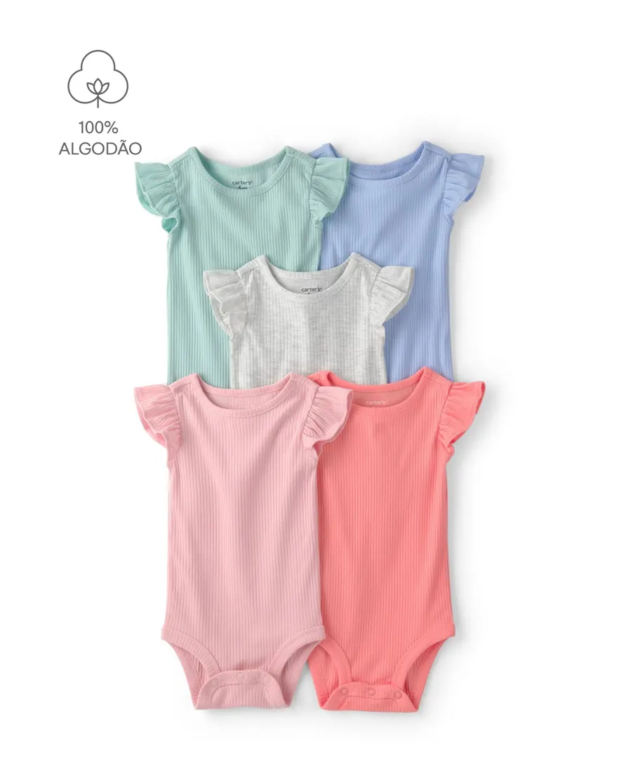 Kit body bebê 5 peças canelado com babados - multicor