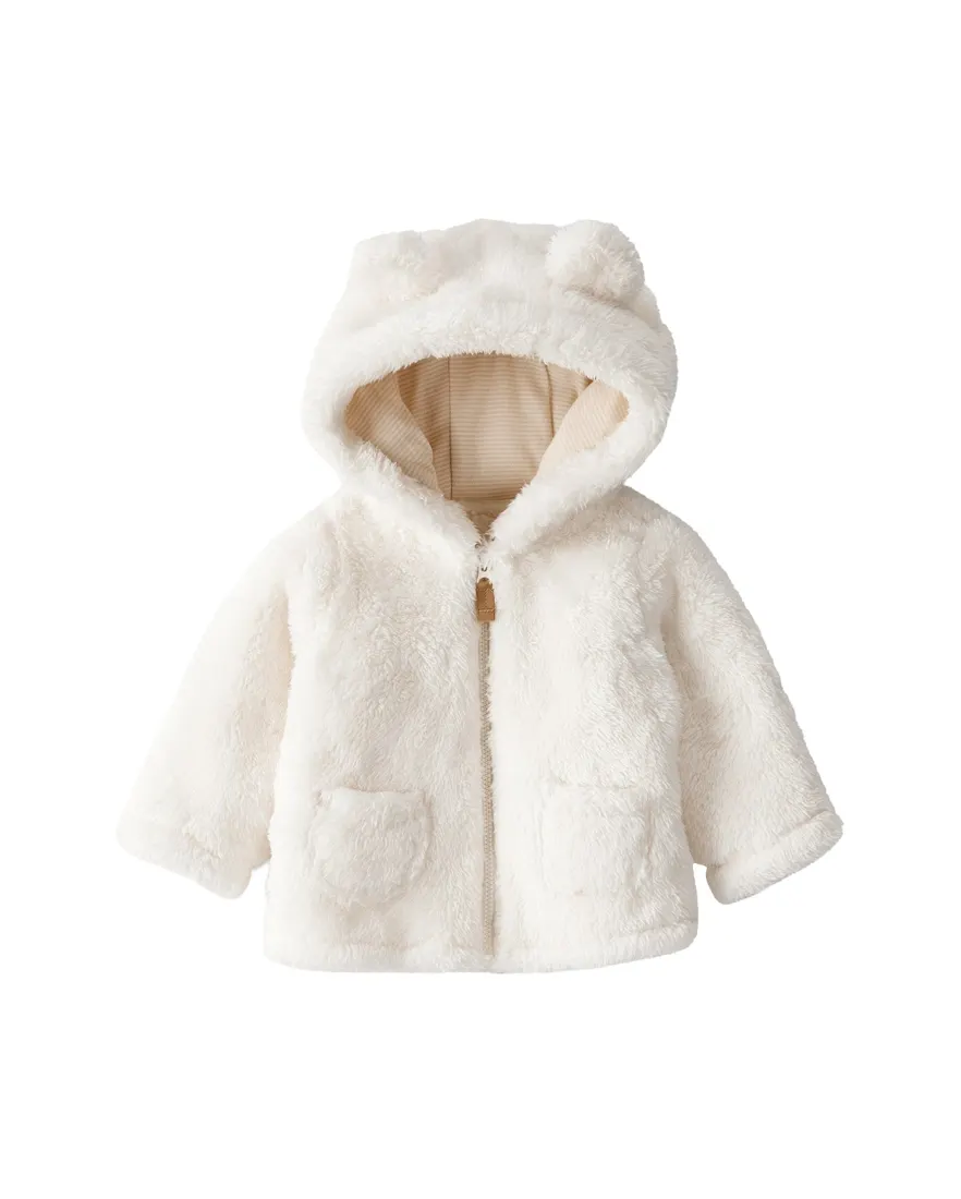 Casaco bebê peluciado com capuz urso - off-white