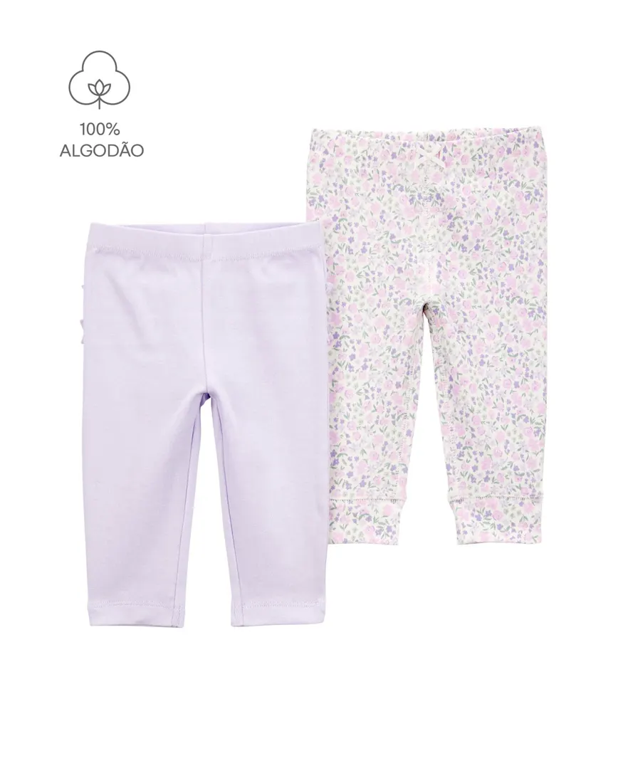 Kit calça bebê 2 peças floral cós elástico multicor