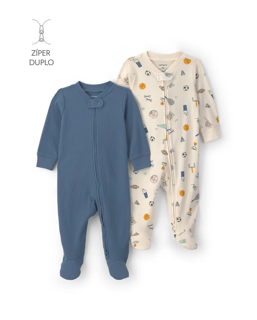 Kit macacão bebê 2 peças com pé estampado - Multicor