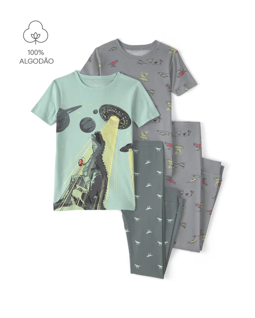 Pijama longo infantil 4 peças estampado - Multicor