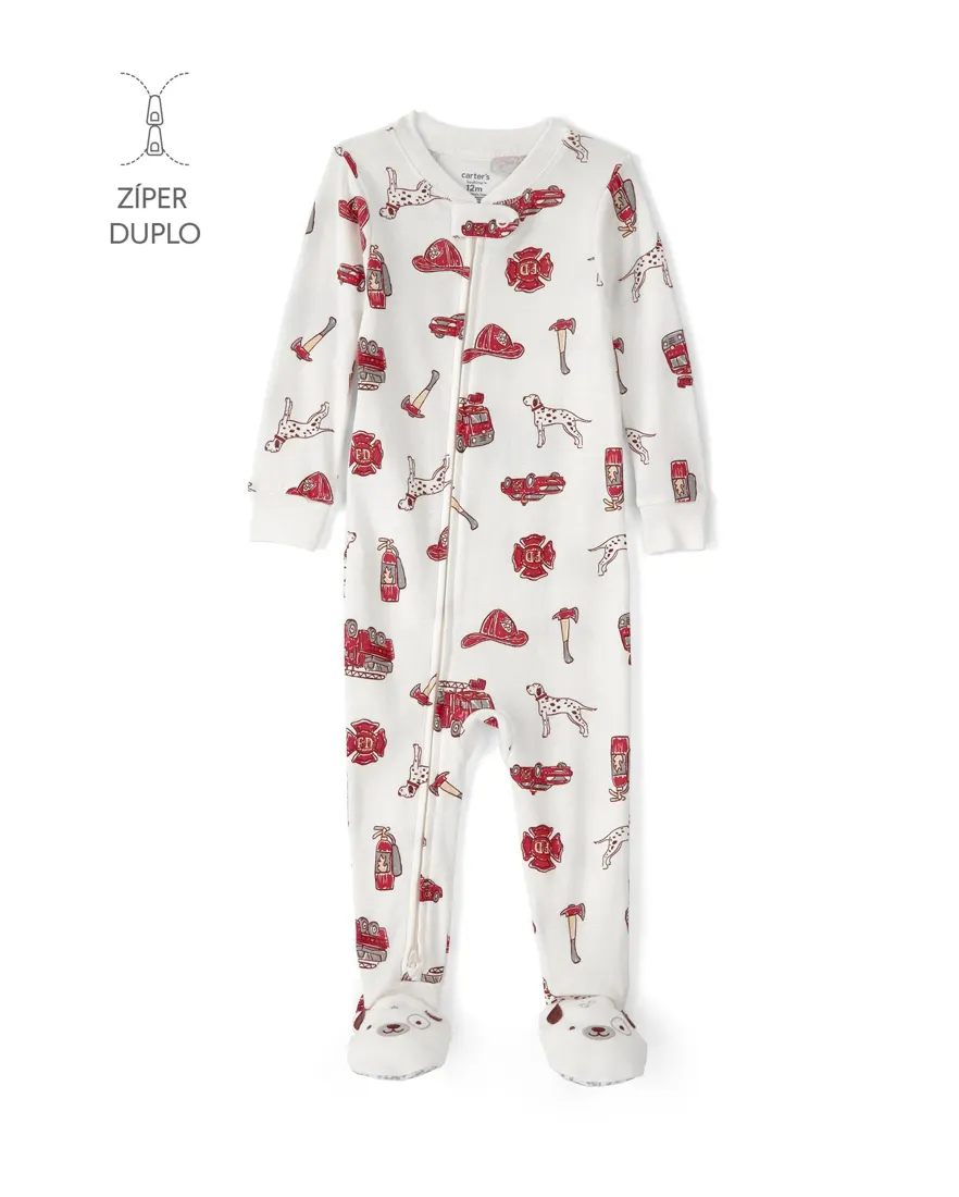 Macacão pijama bebê estampa bombeiros com pé multicor