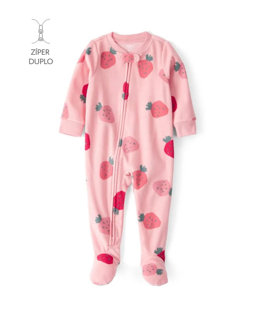 Macacão pijama infantil em fleece morango - rosa