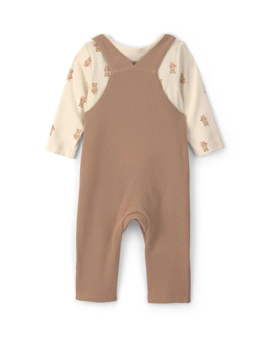 Outra vista de Jardineira bebê canelada com blusa - Marrom