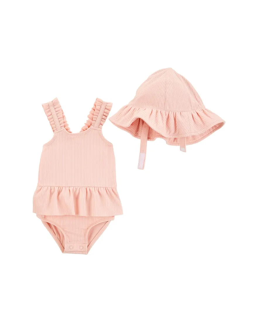 Banho de sol com chapéu bebê menina canelado UV 50+ - Rosa Claro