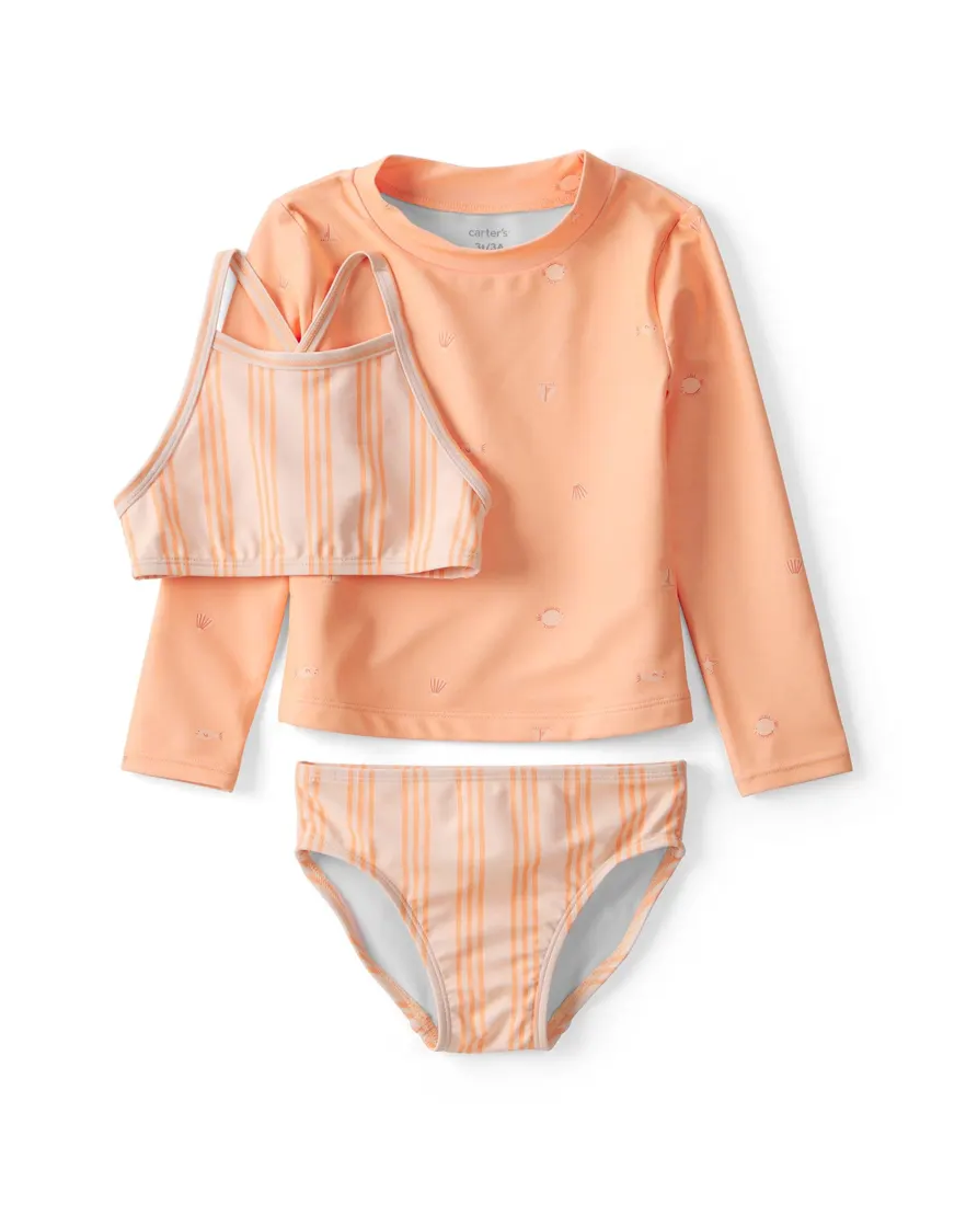 Conjunto praia infantil 3 peças estampado - Laranja