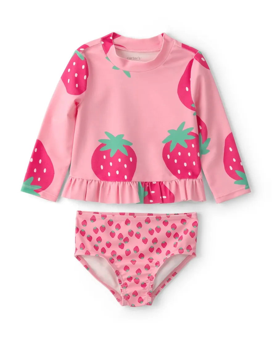 Conjunto de praia bebê menina morango UV 50+ 2 peças - Rosa Claro