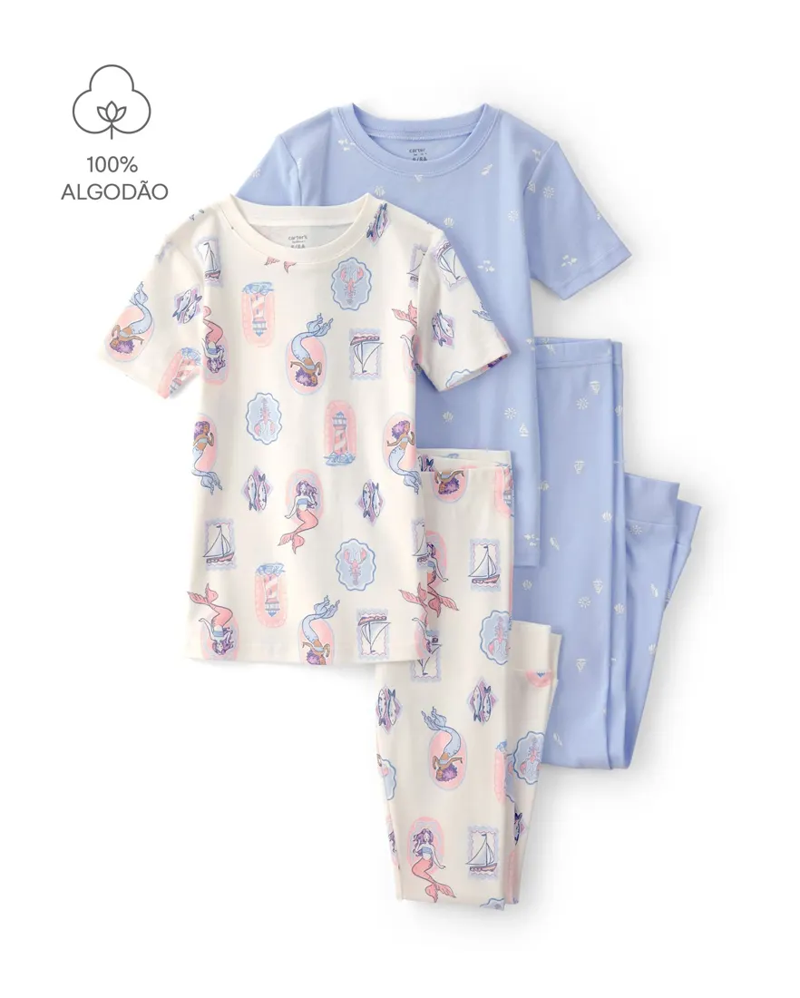 Pijama longo infantil 4 peças estampada - Multicor