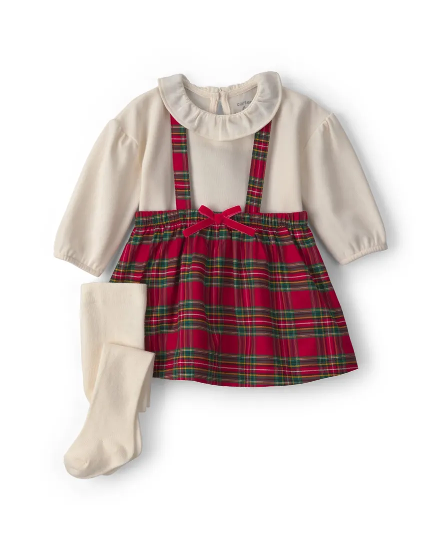 Salopete com blusa e meia-calça bebê menina xadrez Natal - Multicor