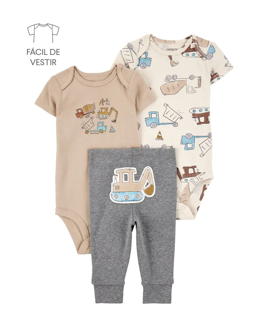 Conjunto longo bebê 3 peças escavadeira multicor