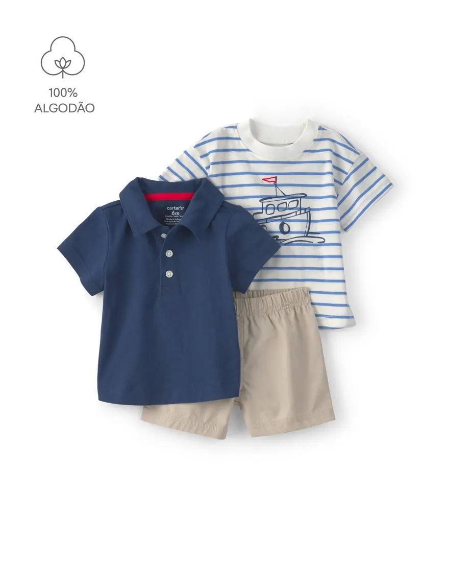 Conjunto curto bebê 3 peças listrado - Multicor