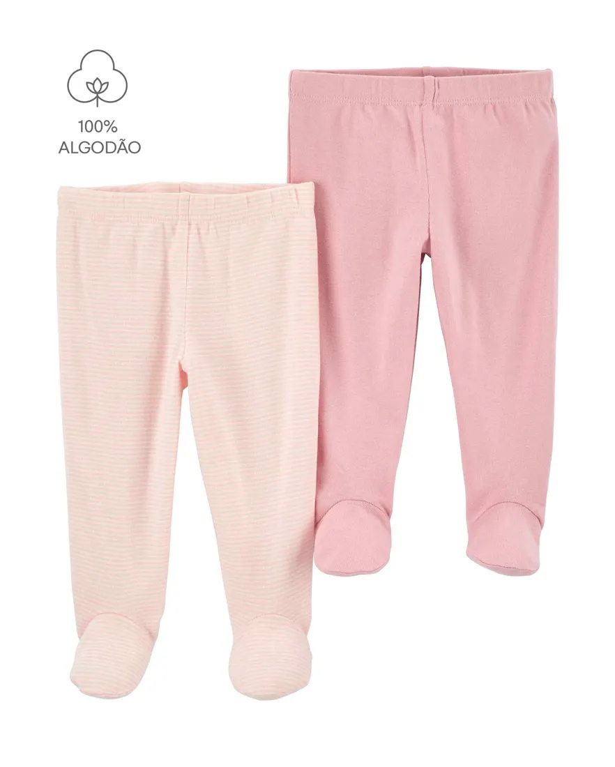 Kit calça bebê 2 peças cós elástico listrado rosa