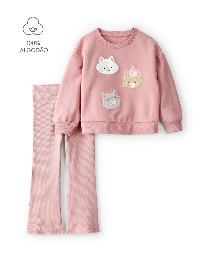 Conjunto longo infantil 2 peças gatinhos - rosa