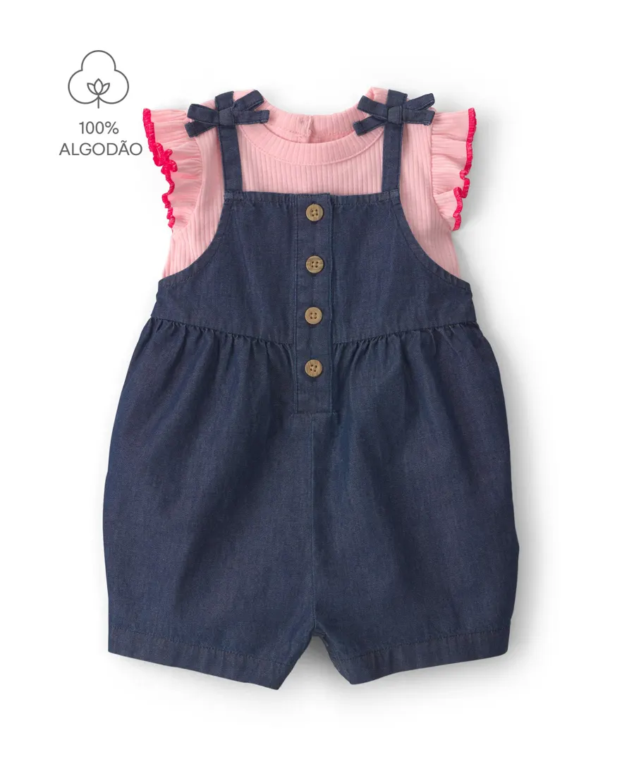 Jardineira jeans bebê com blusa - multicor