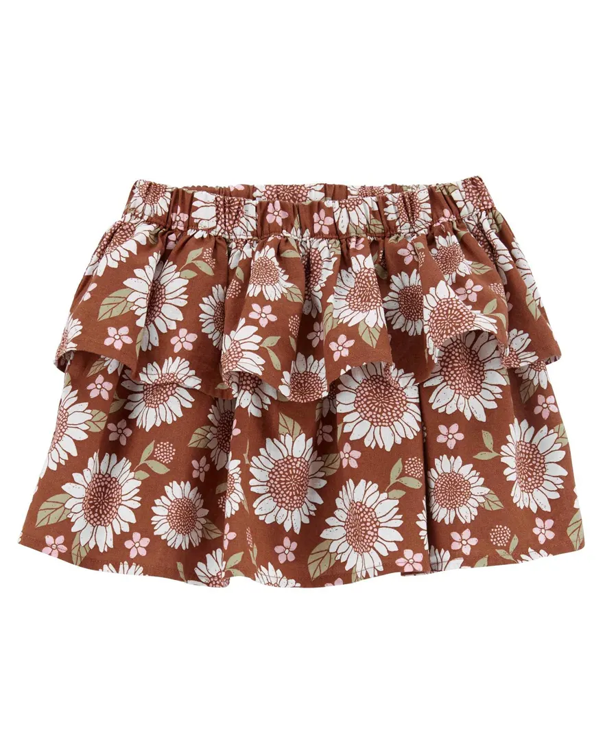 Saia Infantil Babados Linho Floral Marrom Tam 2 a 5