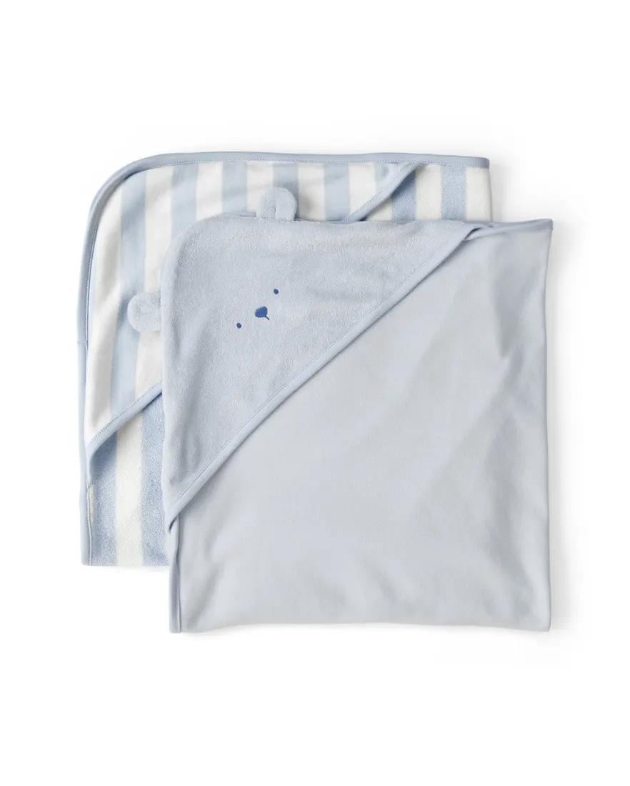 Kit toalha 2 peças bordado ursinho e listrado - Azul