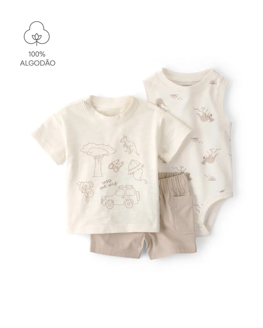 Conjunto curto bebê 3 peças estampado - Bege