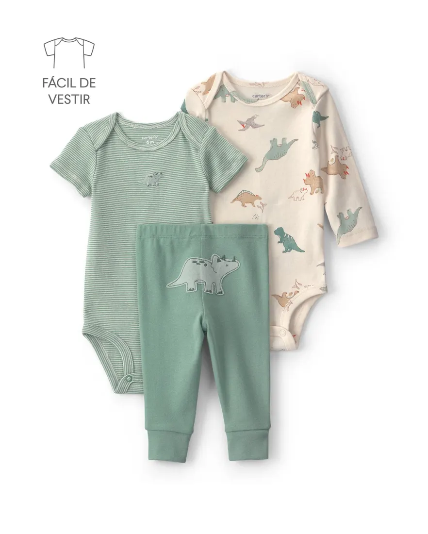 Conjunto longo bebê 3 peças bordado - Multicor