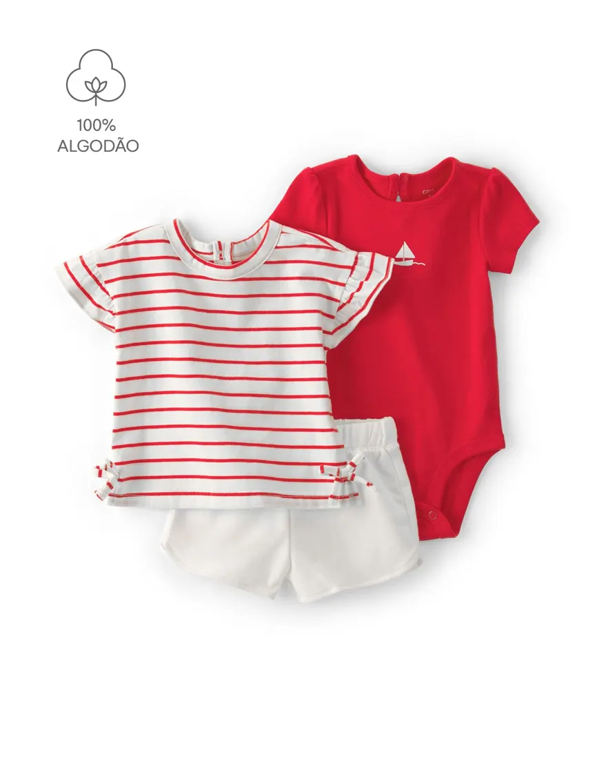 Conjunto curto bebê 3 peças listrado - Multicor