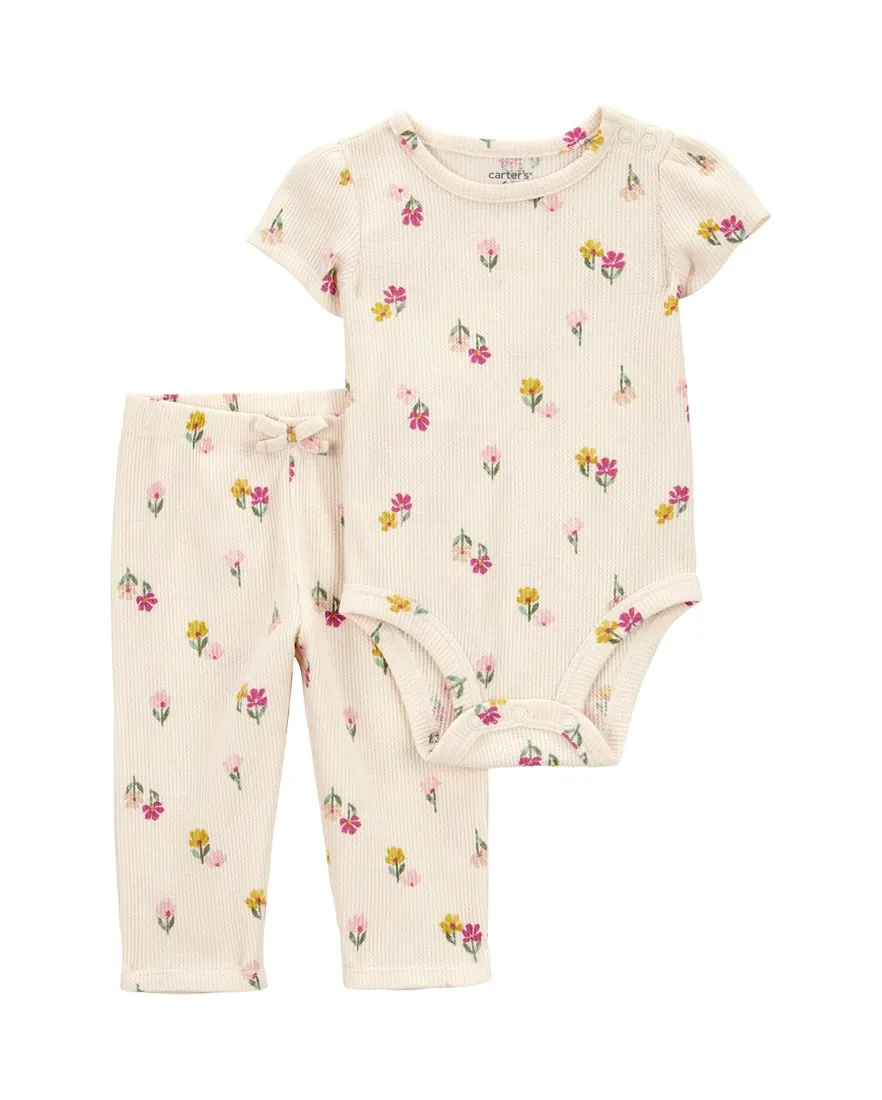 Conjunto longo bebê 2 peças florzinhas - bege