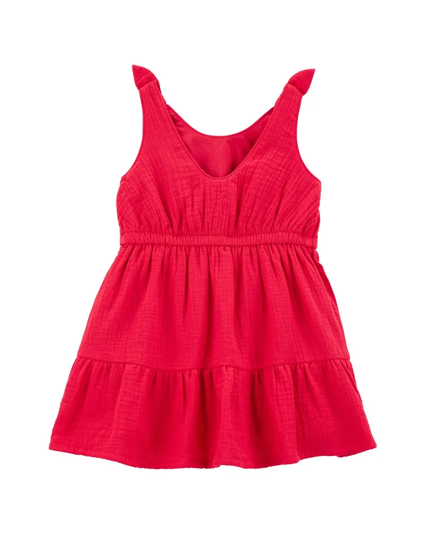 Outra vista de Vestido infantil evasê texturizado com laço vermelho