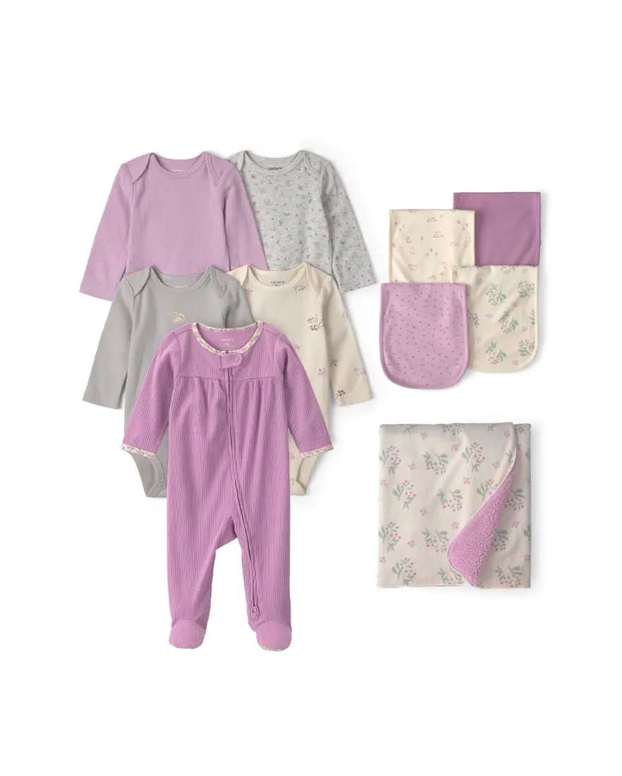 Enxoval bebê menina em algodão canelado floral 10 peças - Multicor