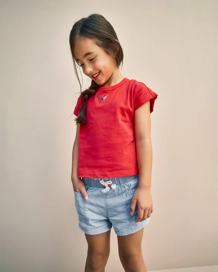 Outra vista de Short jeans infantil com elástico - Denim Claro