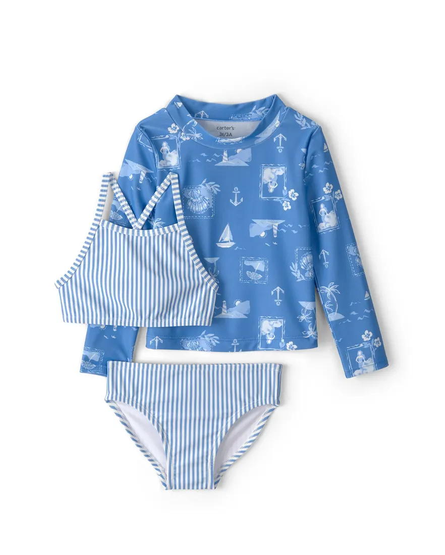 Conjunto de praia infantil menina mar 3 peças UV 50+ - Multicor