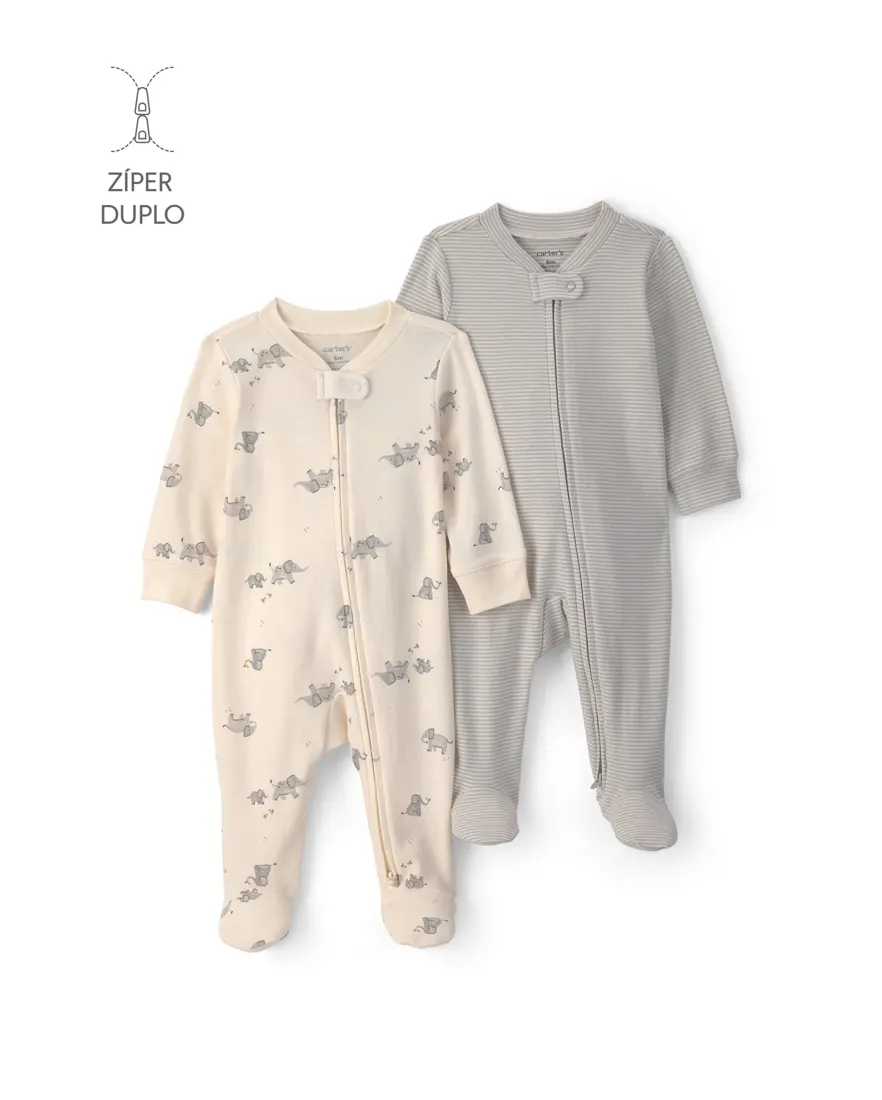 Kit macacão bebê 2 peças com pé estampado - Multicor
