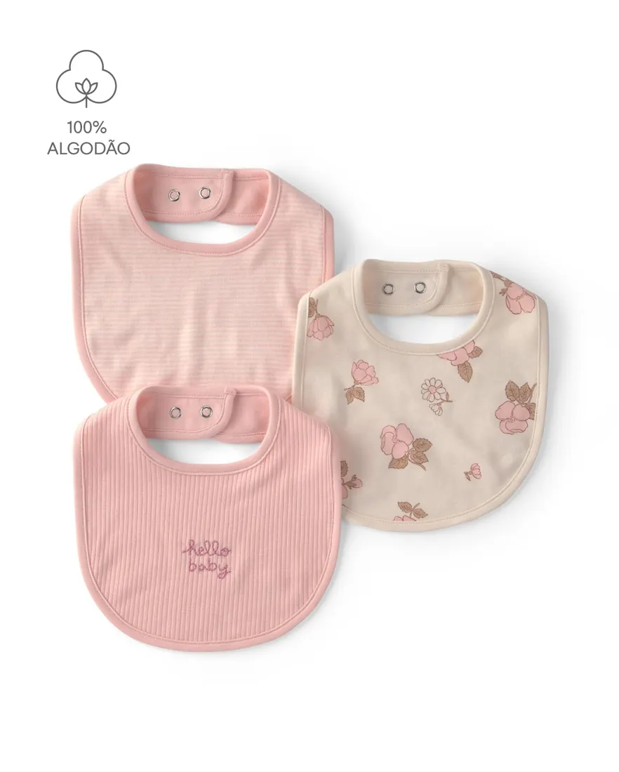 Kit babador bebê 3 peças canelado e floral - Multicor