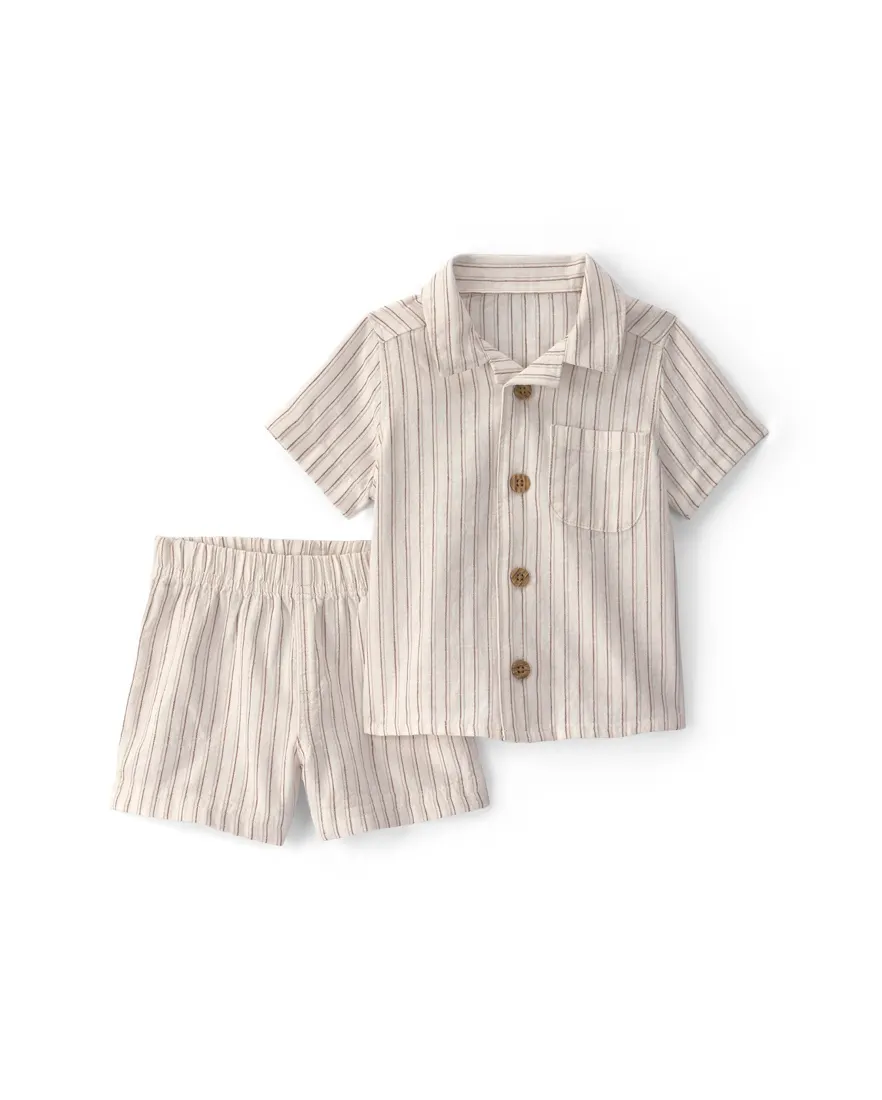 Conjunto curto bebê 2 peças com linho listrado - Bege