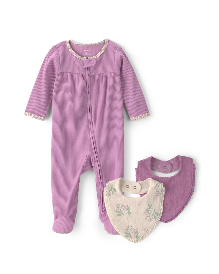 Outra vista de Enxoval bebê 3 peças floral + caixa de presente P - Multicor