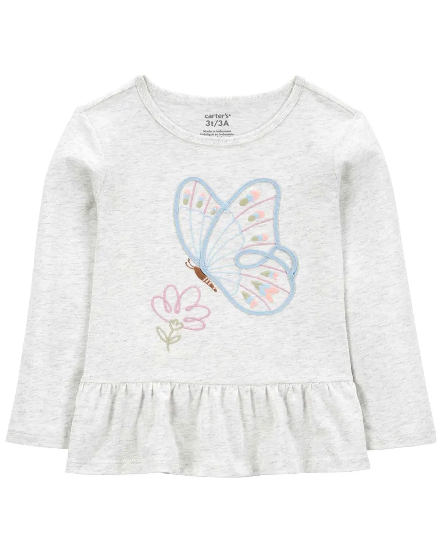 Blusa infantil com babados mesclada borboleta cinza