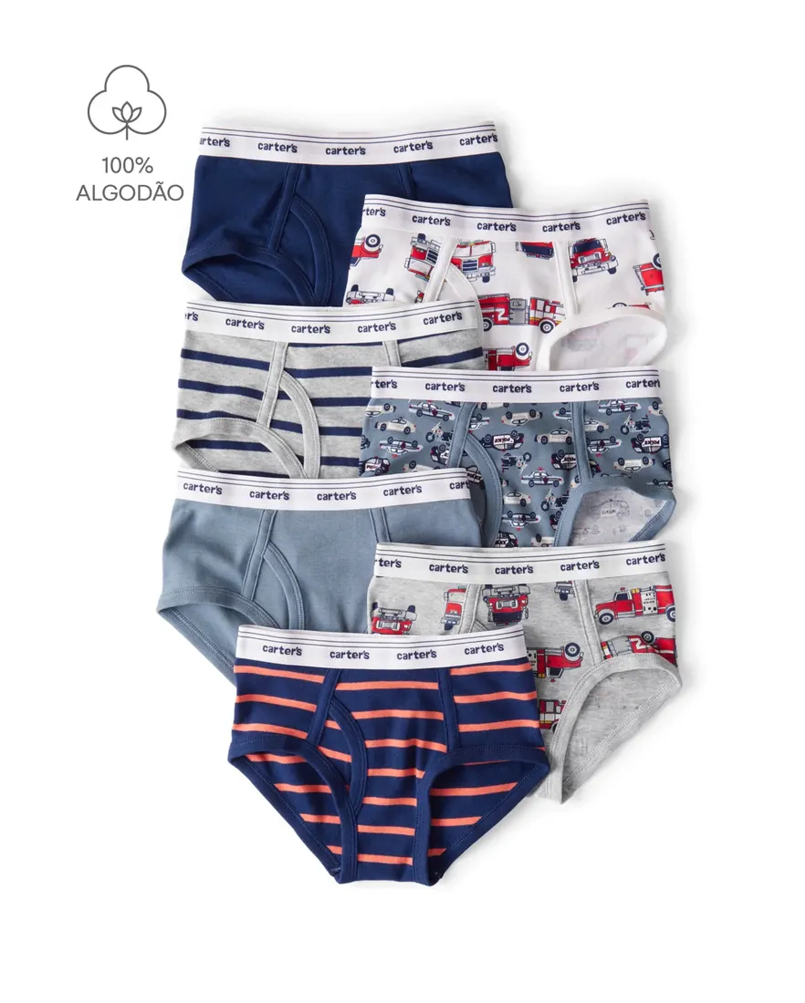 Kit cueca infantil 7 peças slip carros multicor
