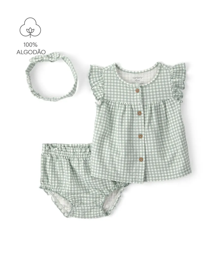 Conjunto curto bebê 2 peças com faixa de cabelo xadrez - Multicor