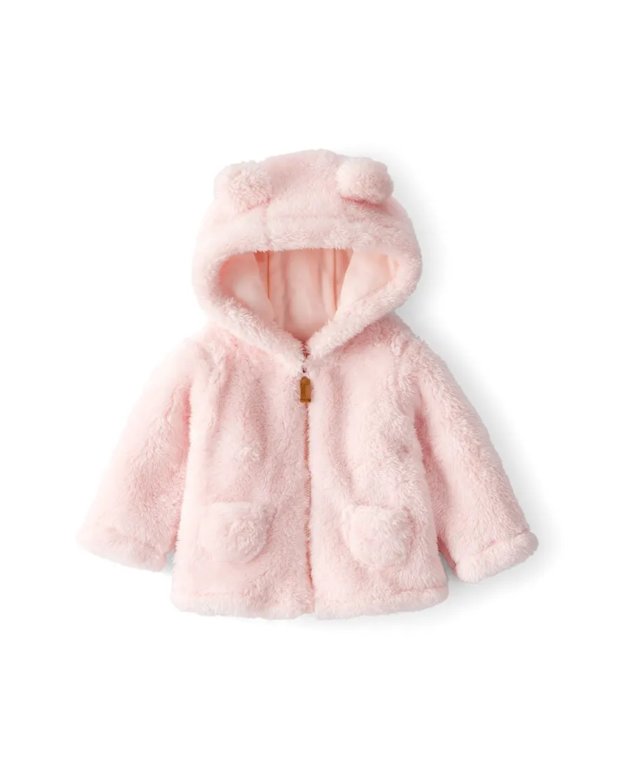 Casaco bebê peluciado com capuz urso - rosa