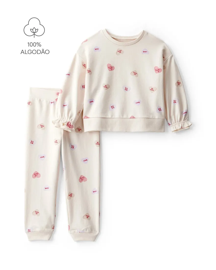 Conjunto longo infantil 2 peças corações - bege
