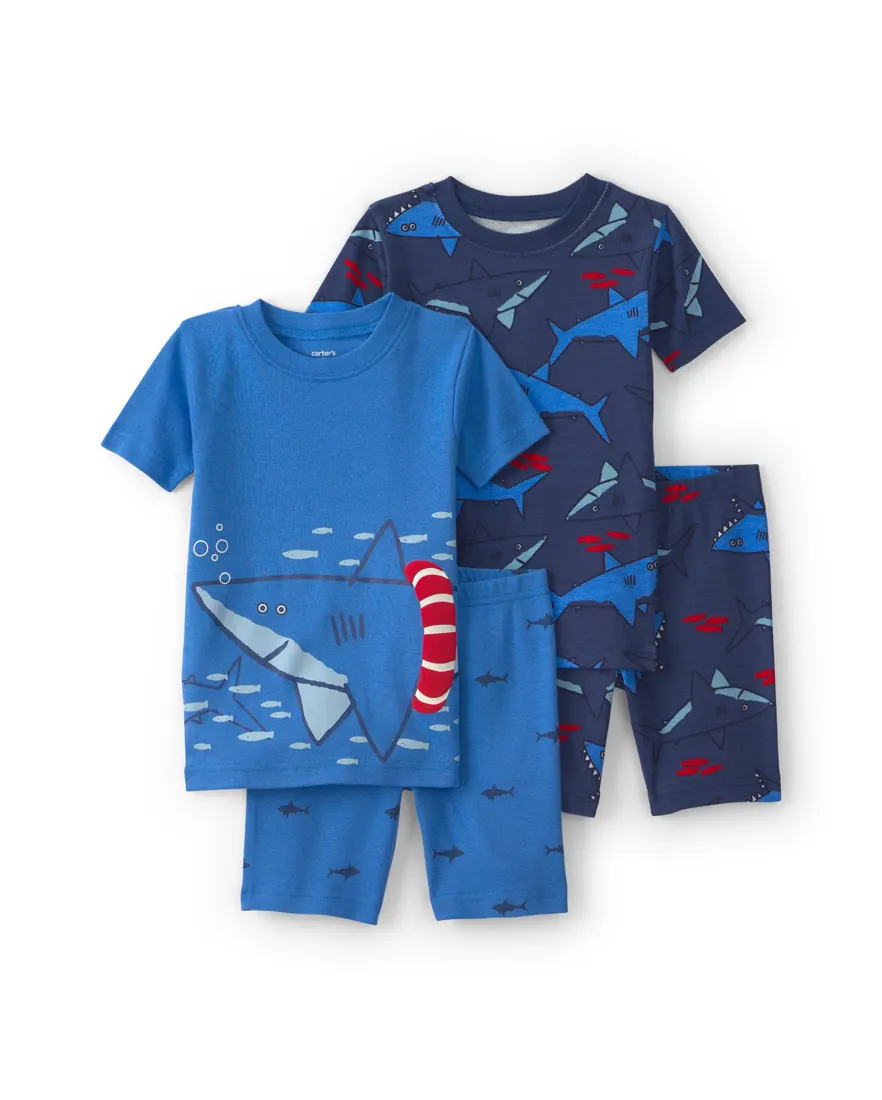 Pijama curto infantil 4 peças tubarão - Azul