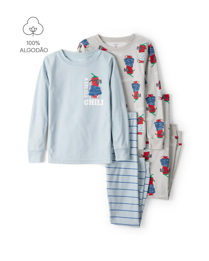 Pijama longo infantil 4 peças chillin' - multicor