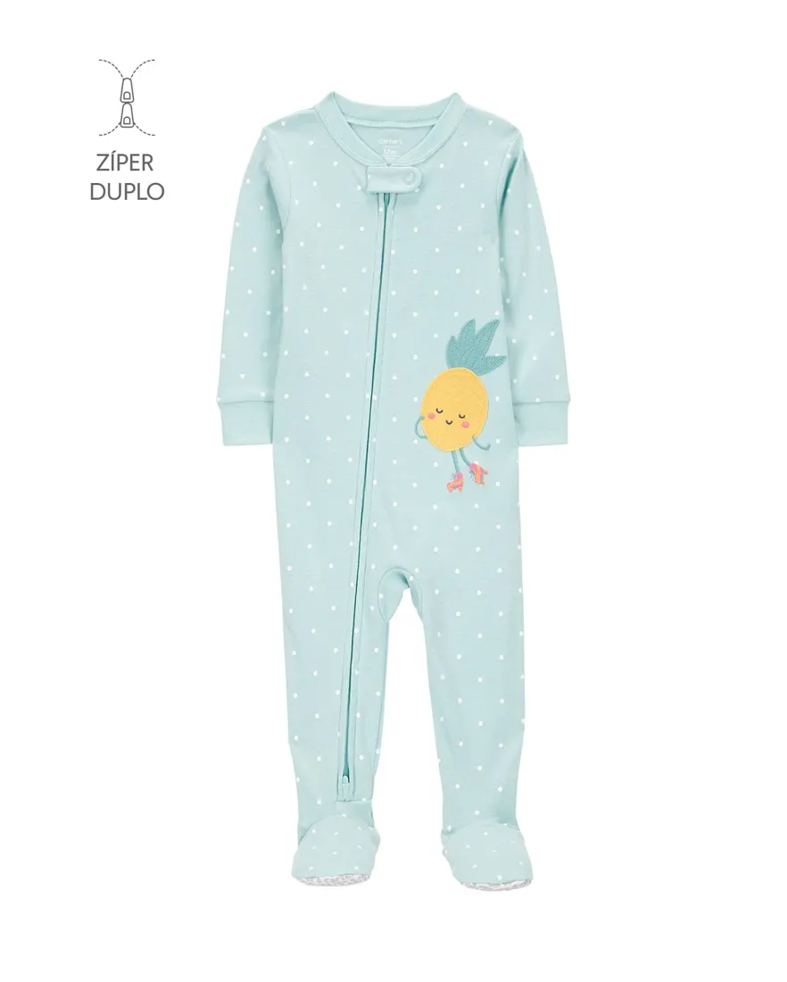 Macacão pijama infantil pezinhos abacaxi e poá azul