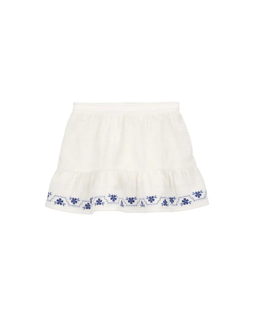 Saia infantil evasê bordado floral off-white
