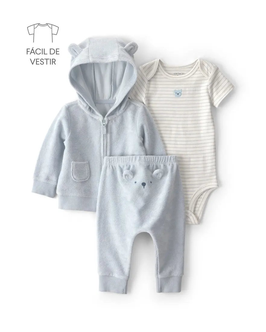 Conjunto longo bebê 3 peças bordado - Multicor