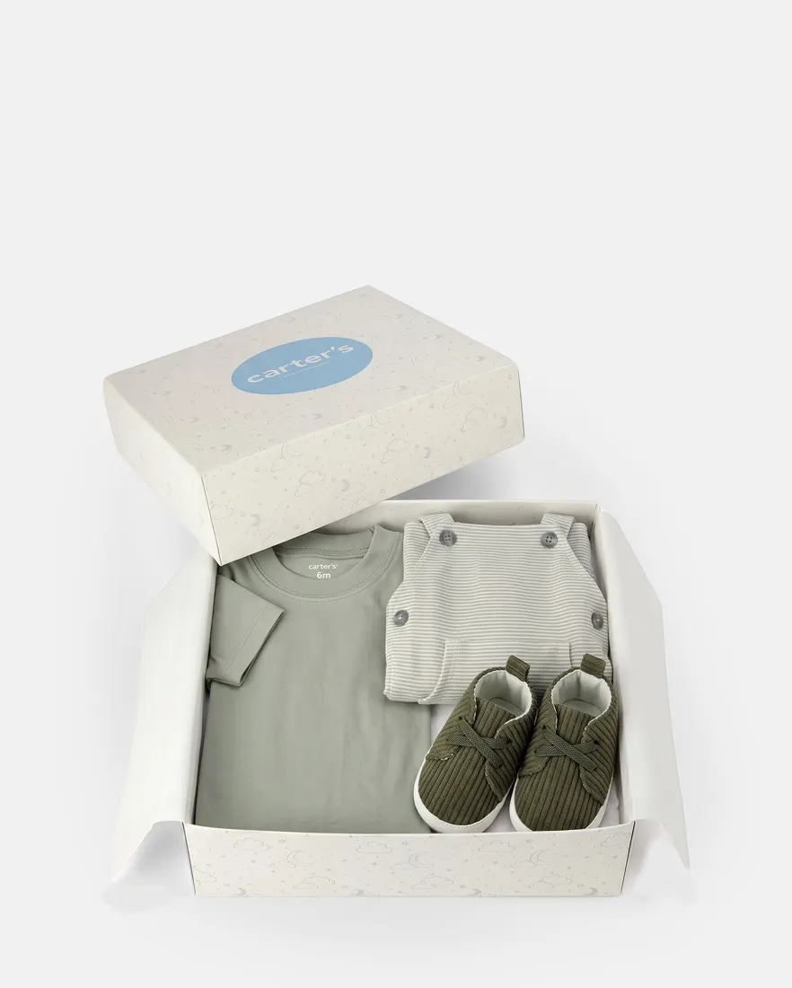 Kit jardineira com sapato bebê menino + caixa de presente P - Multicor
