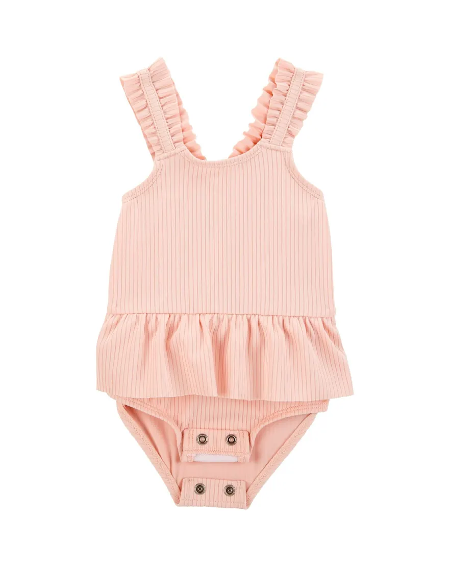 Outra vista de Banho de sol com chapéu bebê menina canelado UV 50+ - Rosa Claro