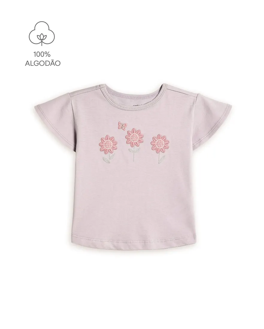 Camiseta infantil com bordado floral - lilás